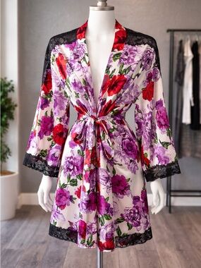 Victoria's Secret Floral Satin Robe in Purple & Red with Black Lace Trim